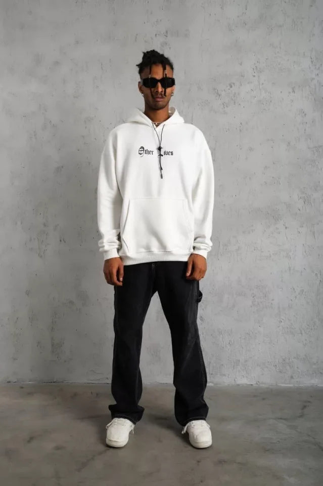 Men's Back Printed Oversize 3-Thread Hooded Sweatshirt - White