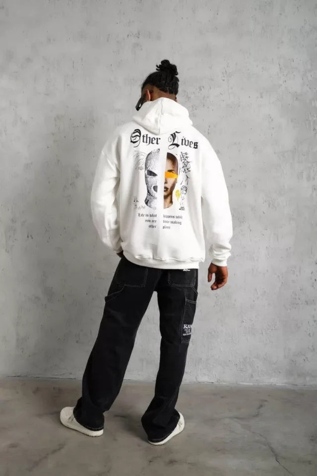 Men's Back Printed Oversize 3-Thread Hooded Sweatshirt - White