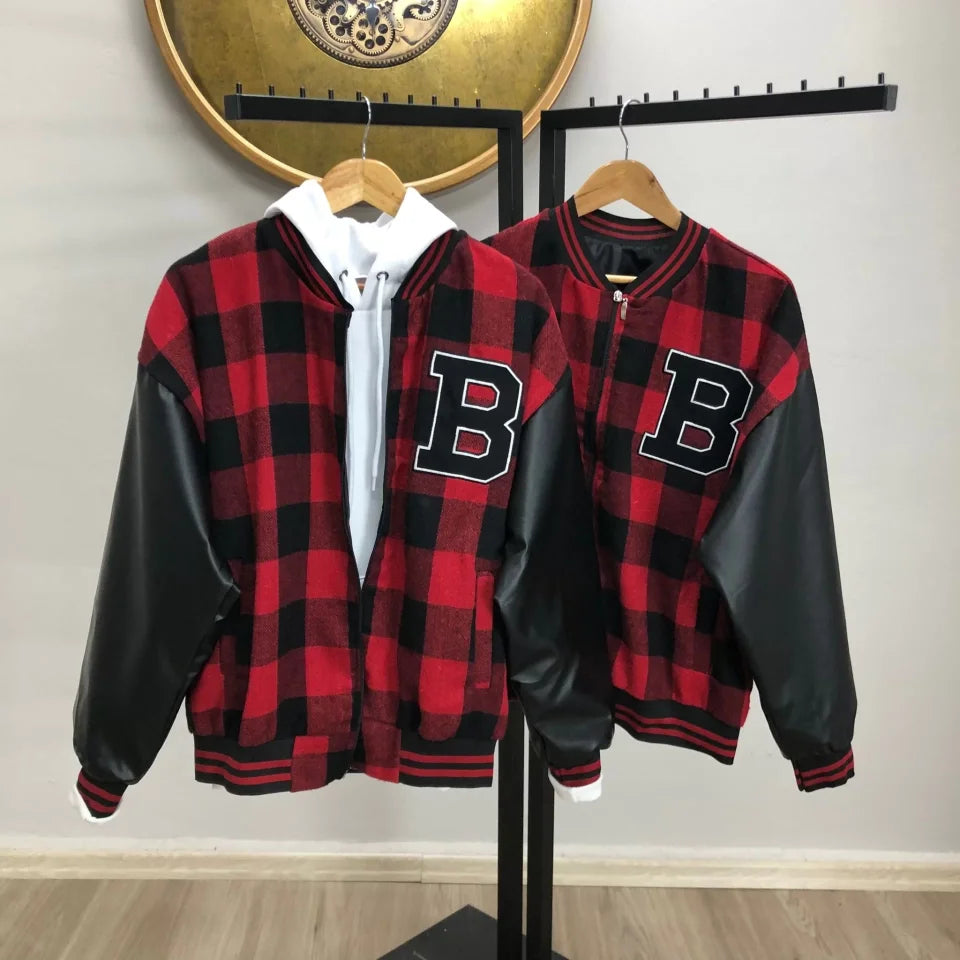 Men's Checkered Pattern Embroidered College Jacket - Red