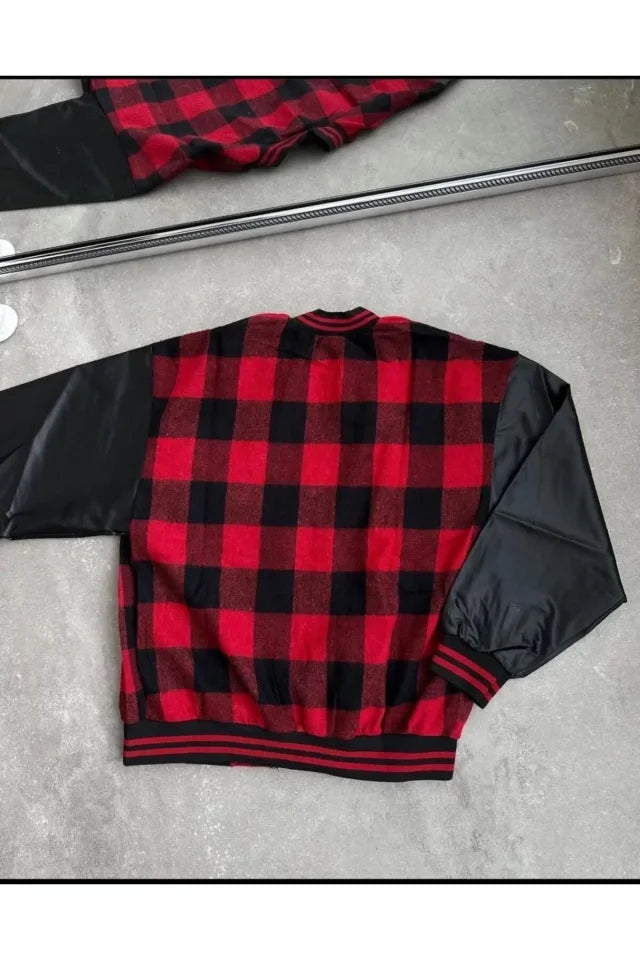 Men's Checkered Pattern Embroidered College Jacket - Red