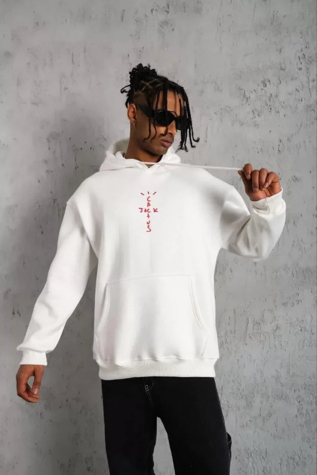 Men's Drawstring Back Mask Drawstring Hair Hoodie - White