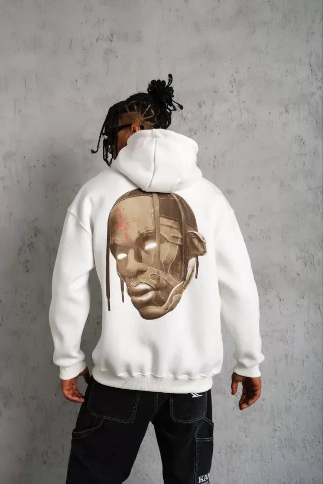 Men's Drawstring Back Mask Drawstring Hair Hoodie - White