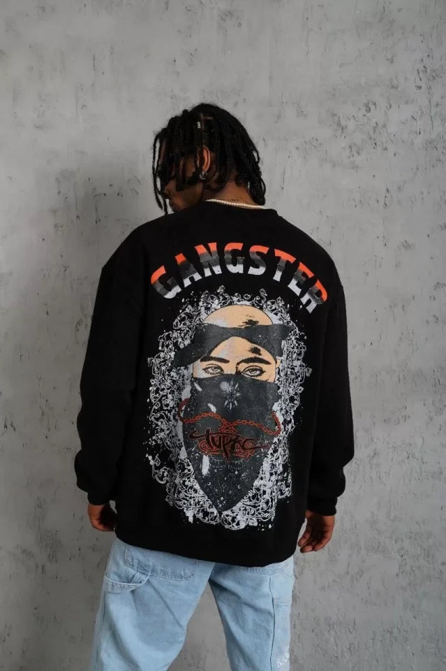 Men's 3-Thread Gangster Printed Sweatshirt - Black