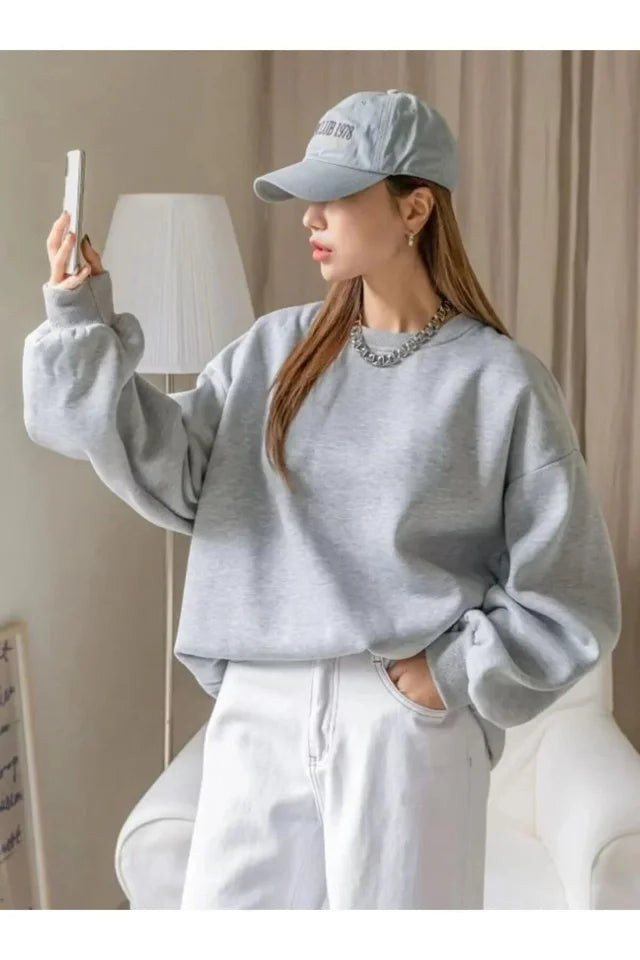 Plain Crew Neck Sweatshirt - Gray