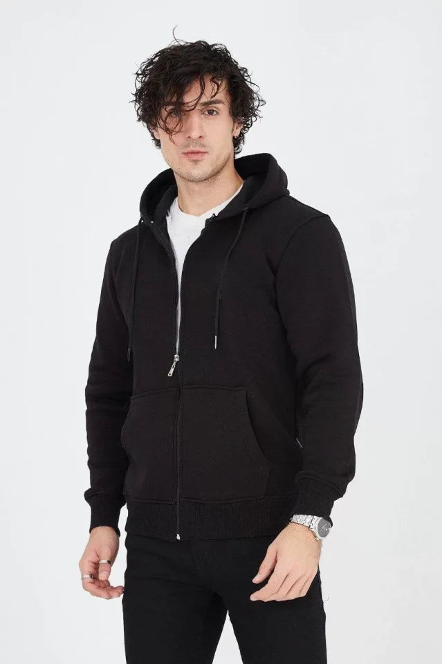Men's Hooded Plain Zip-Up Cardigan - Black