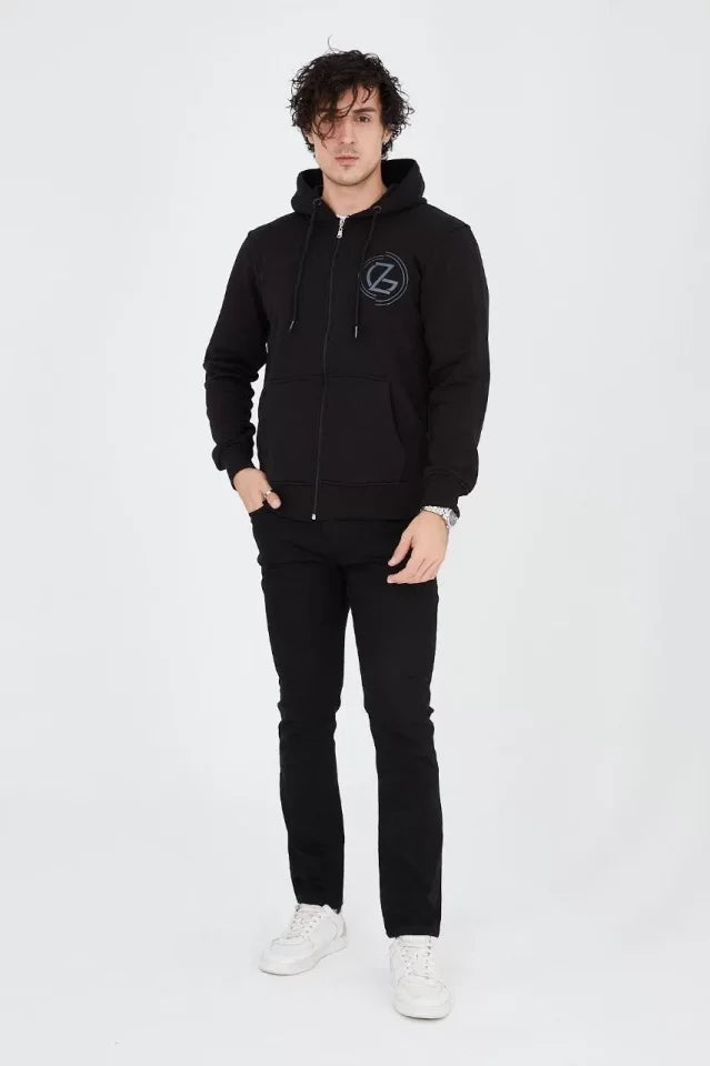 Men's Hooded Printed Zip-Up Cardigan - Black