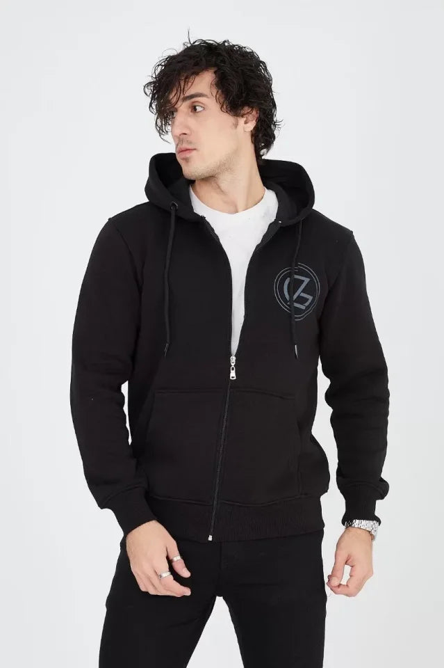 Men's Hooded Printed Zip-Up Cardigan - Black