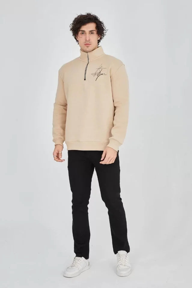 Men's Half-Zip Printed Sweatshirt - Beige