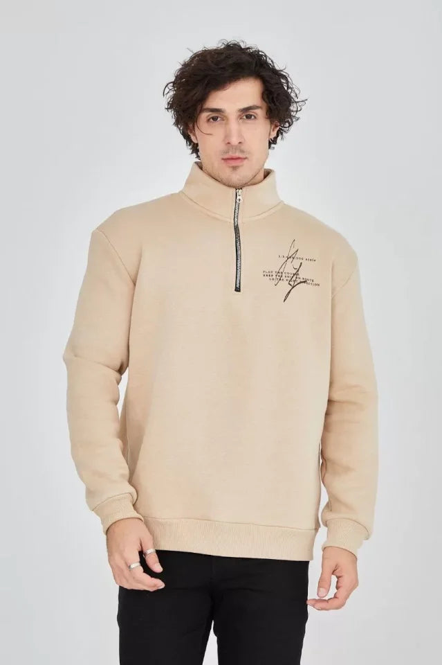 Men's Half-Zip Printed Sweatshirt - Beige