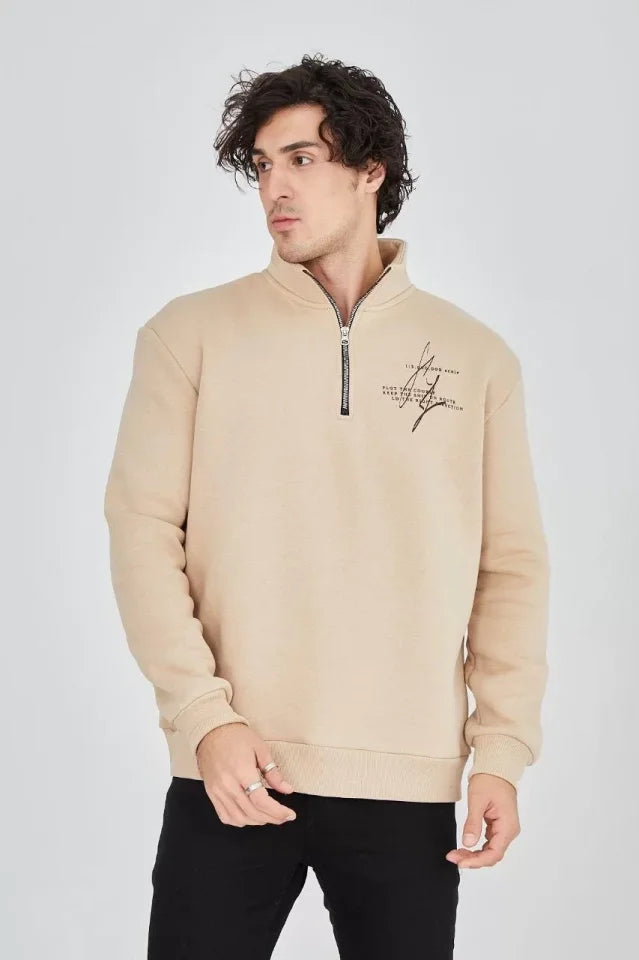 Men's Half-Zip Printed Sweatshirt - Beige