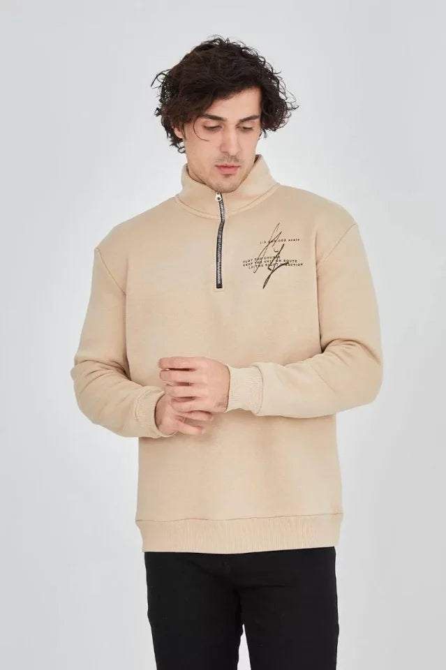 Men's Half-Zip Printed Sweatshirt - Beige