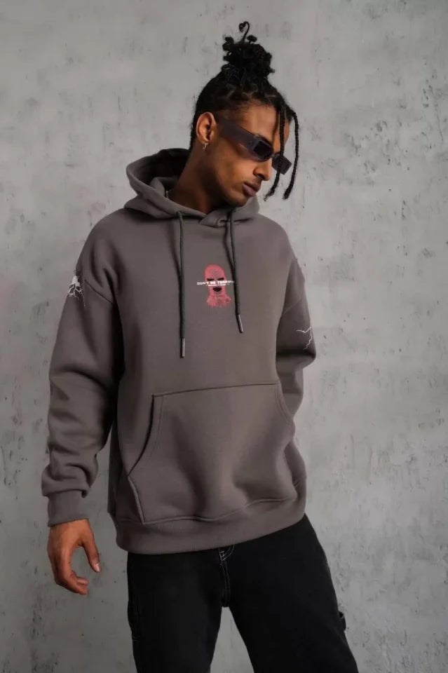 Men's Mask Printed Hoodie Sweatshirt - Gray