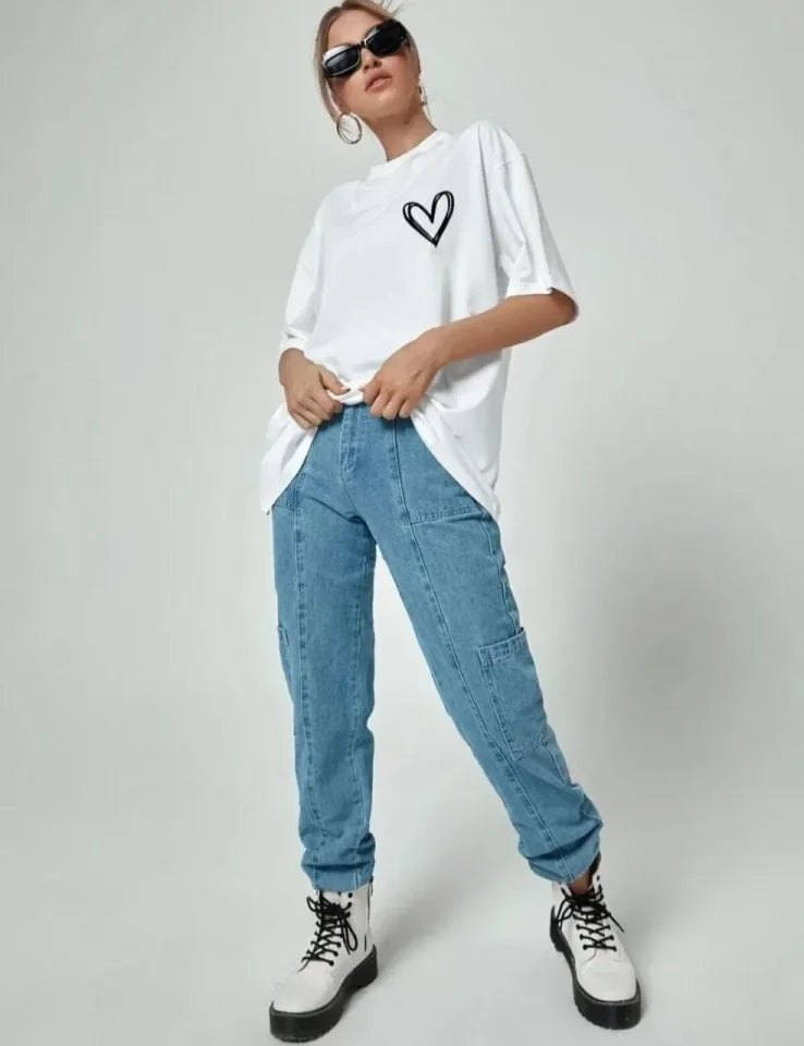 Crew Neck Printed Oversize T-Shirt - White