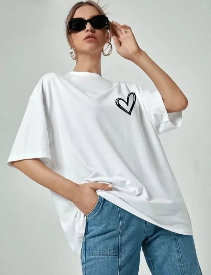 Crew Neck Printed Oversize T-Shirt - White
