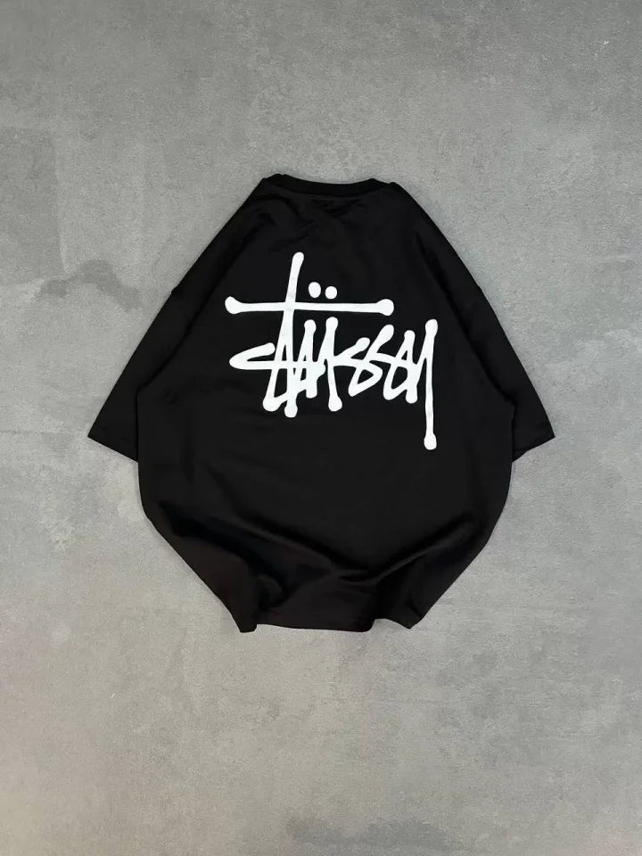 Unisex Crew Neck Printed Oversize T-Shirt - Black