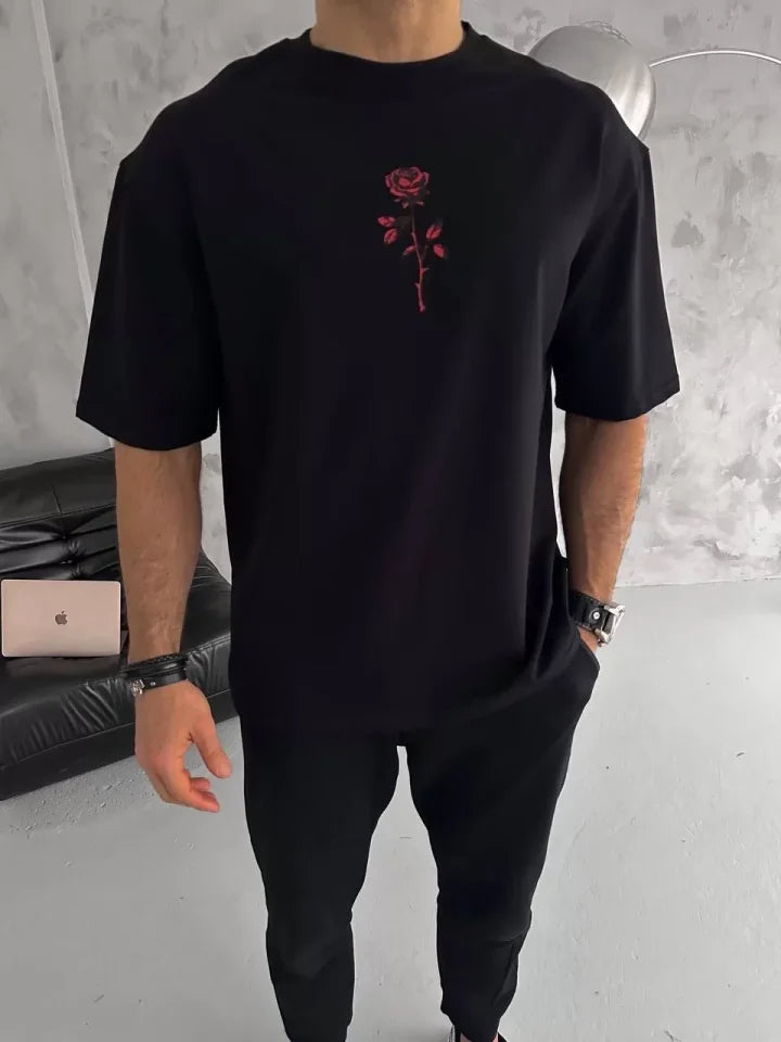 Unisex Bisiklet Yaka Baskılı Oversize T-Shirt - Siyah
