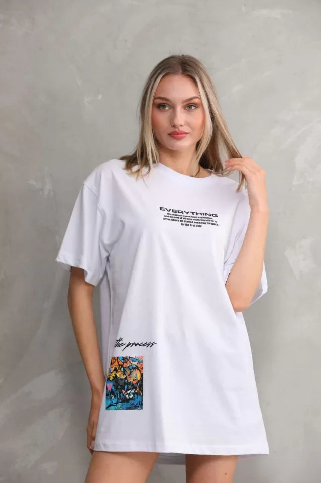 Unisex Crew Neck Printed Oversize T-Shirt - White