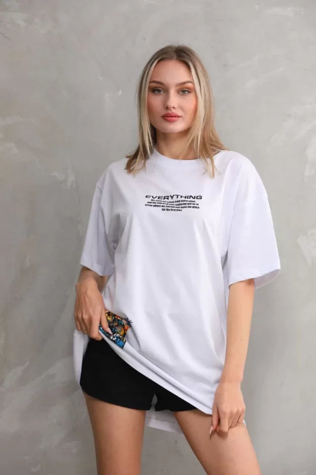 Unisex Crew Neck Printed Oversize T-Shirt - White