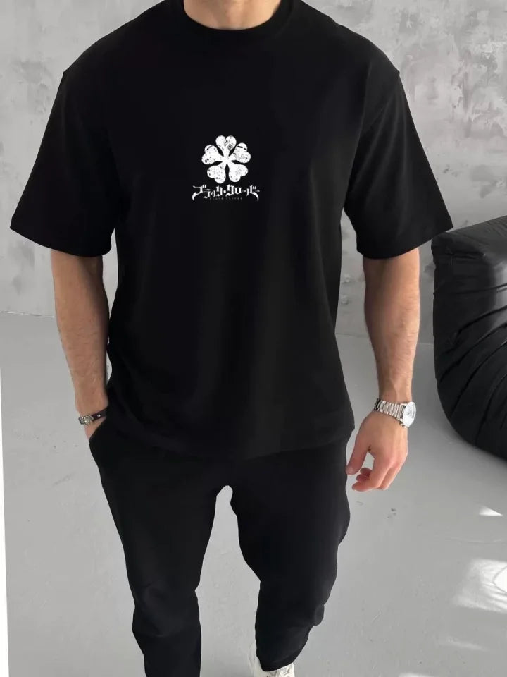 Unisex Crew Neck Printed Oversize T-Shirt - Black