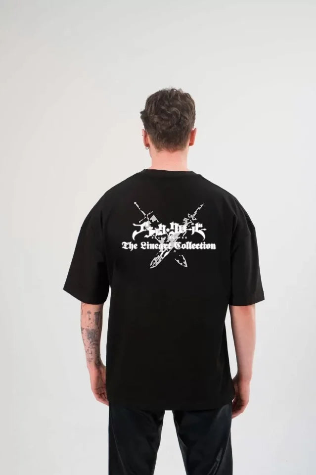 Unisex Crew Neck Printed Oversize T-Shirt - Black