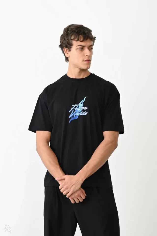 Unisex Crew Neck Printed Oversize T-Shirt - Black