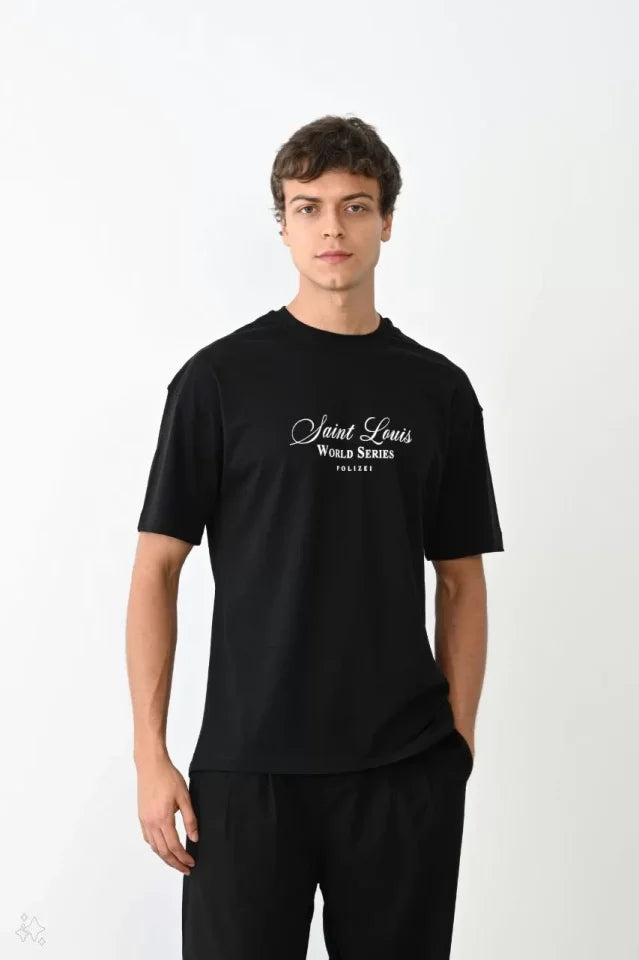 Unisex Crew Neck Printed Oversize T-Shirt - Black