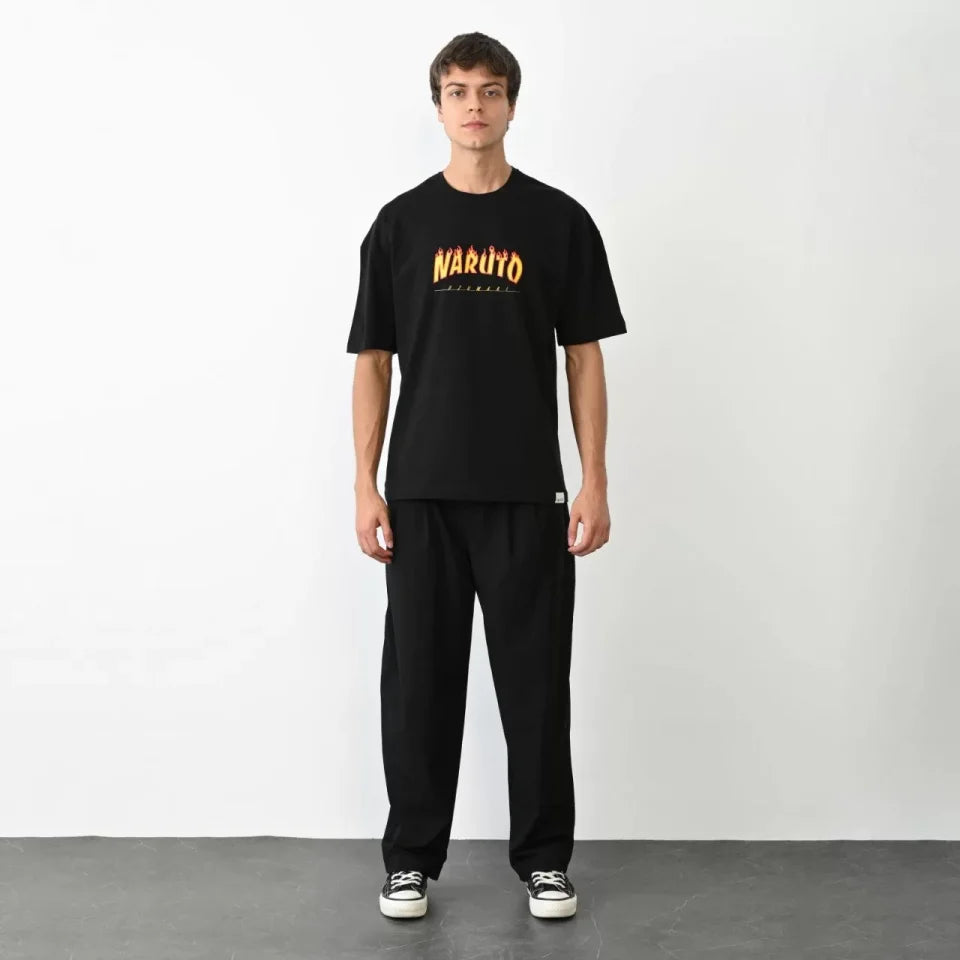 Unisex Crew Neck Printed Oversize T-Shirt - Black