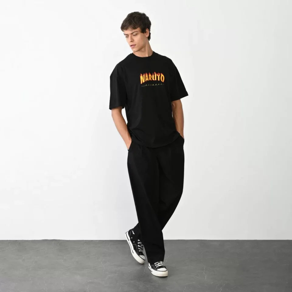 Unisex Crew Neck Printed Oversize T-Shirt - Black