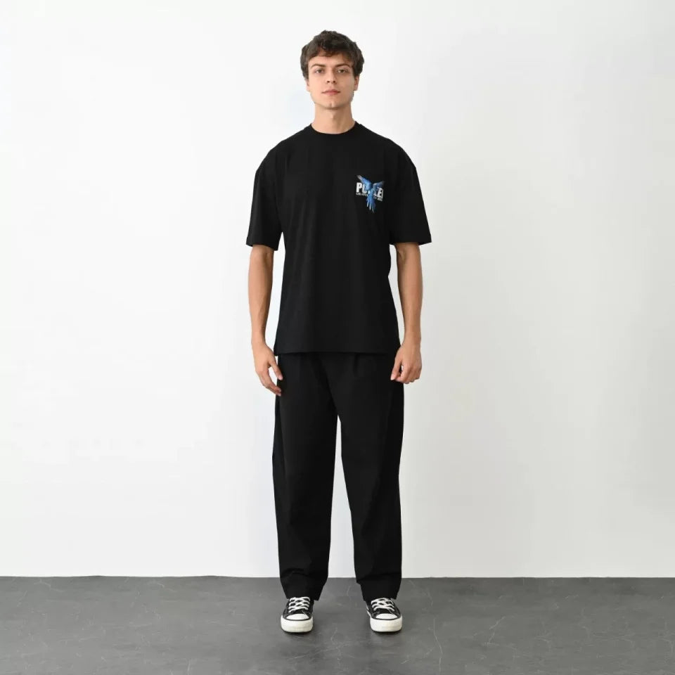 Unisex Crew Neck Printed Oversize T-Shirt - Black