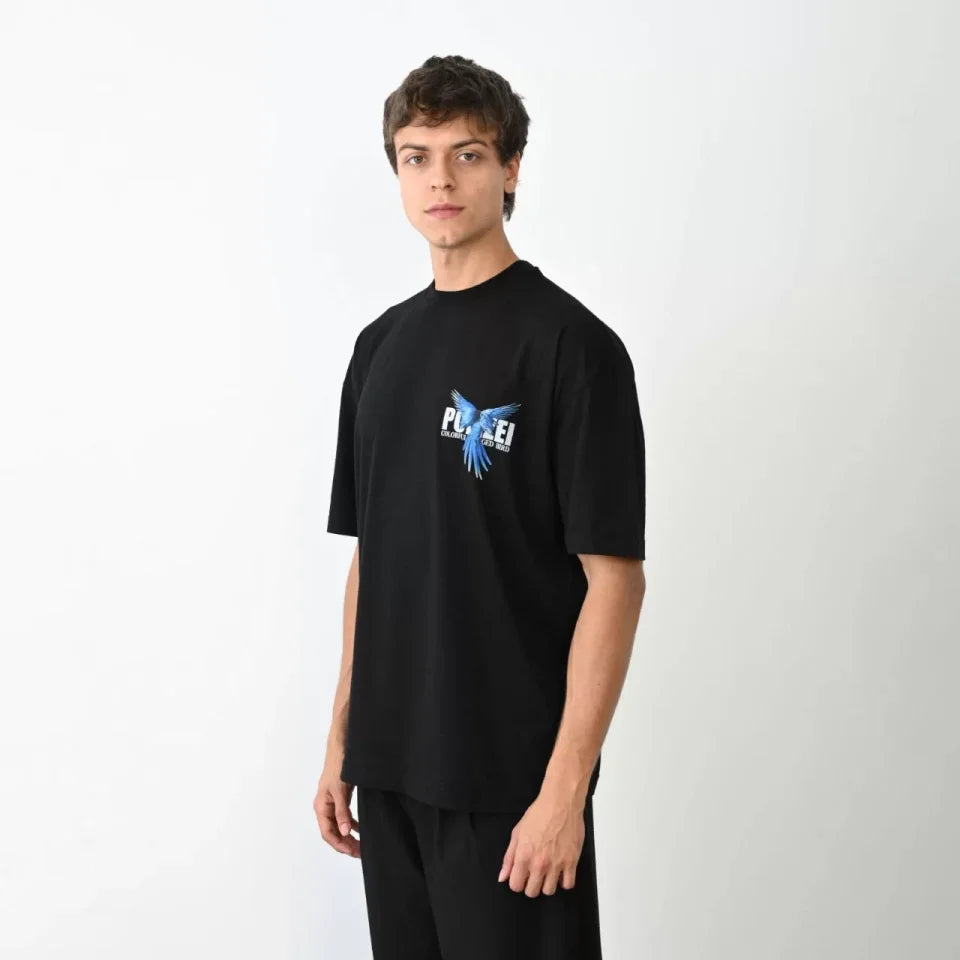 Unisex Crew Neck Printed Oversize T-Shirt - Black