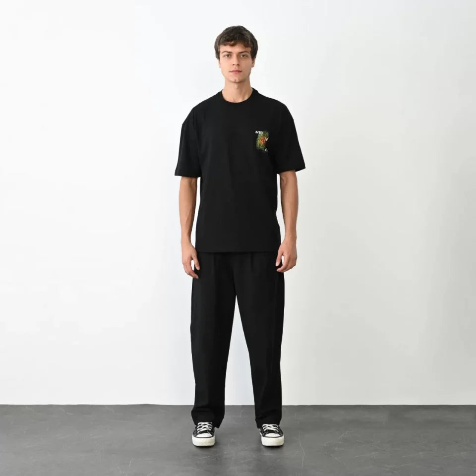 Unisex Crew Neck Printed Oversize T-Shirt - Black
