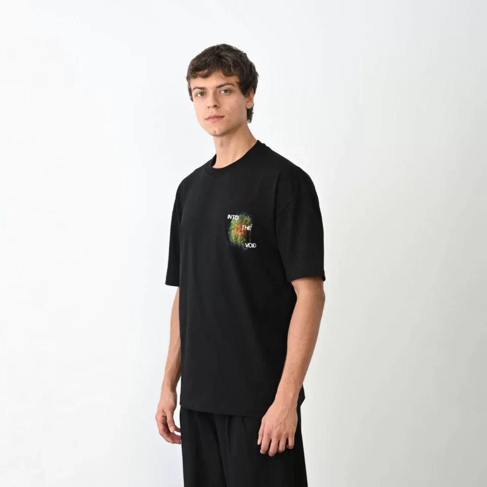 Unisex Crew Neck Printed Oversize T-Shirt - Black