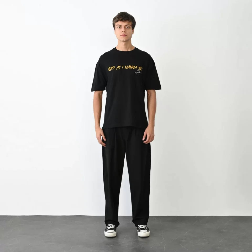 Unisex Crew Neck Printed Oversize T-Shirt - Black