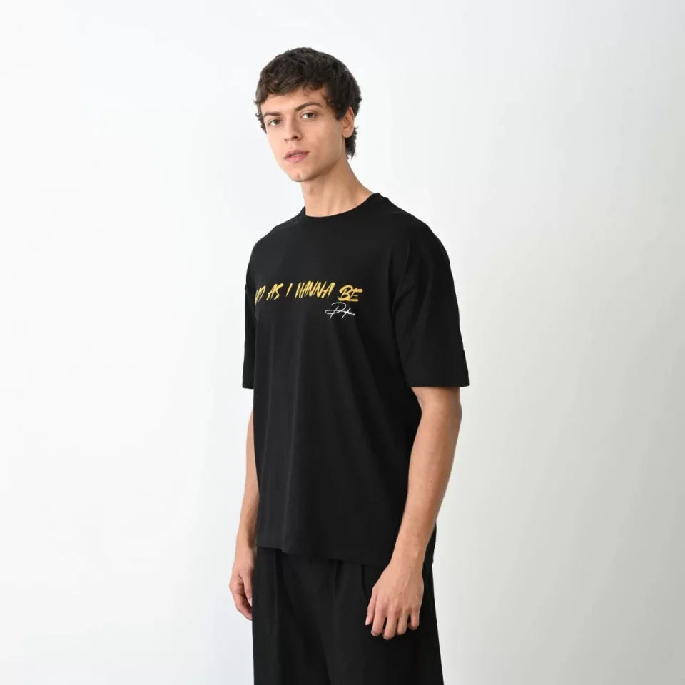 Unisex Crew Neck Printed Oversize T-Shirt - Black
