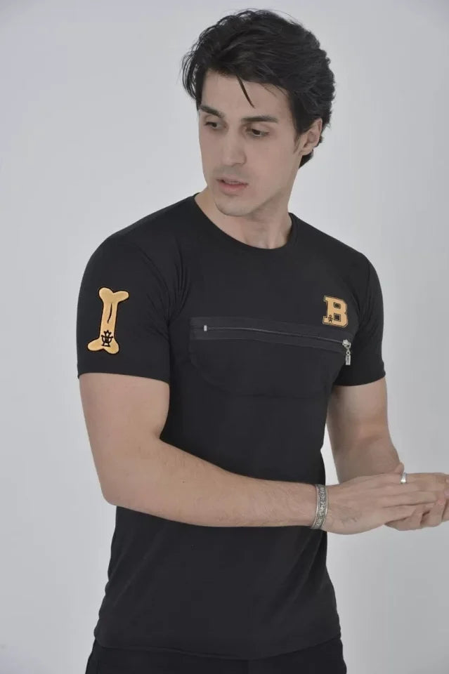 Unisex Chest Zip Printed T-Shirt - Black