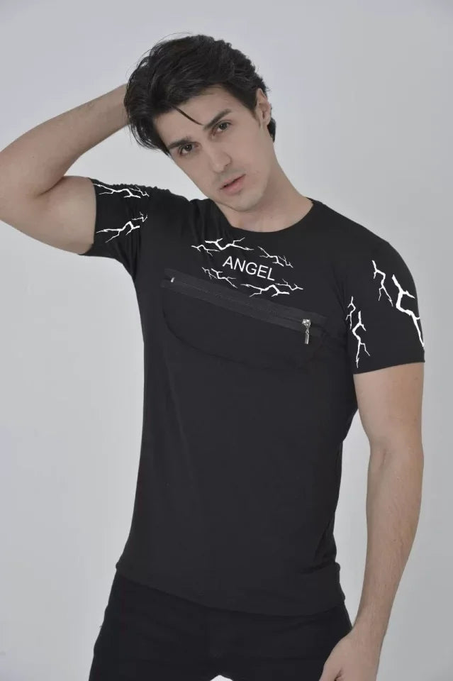 Unisex Chest Zip Printed T-Shirt - Black