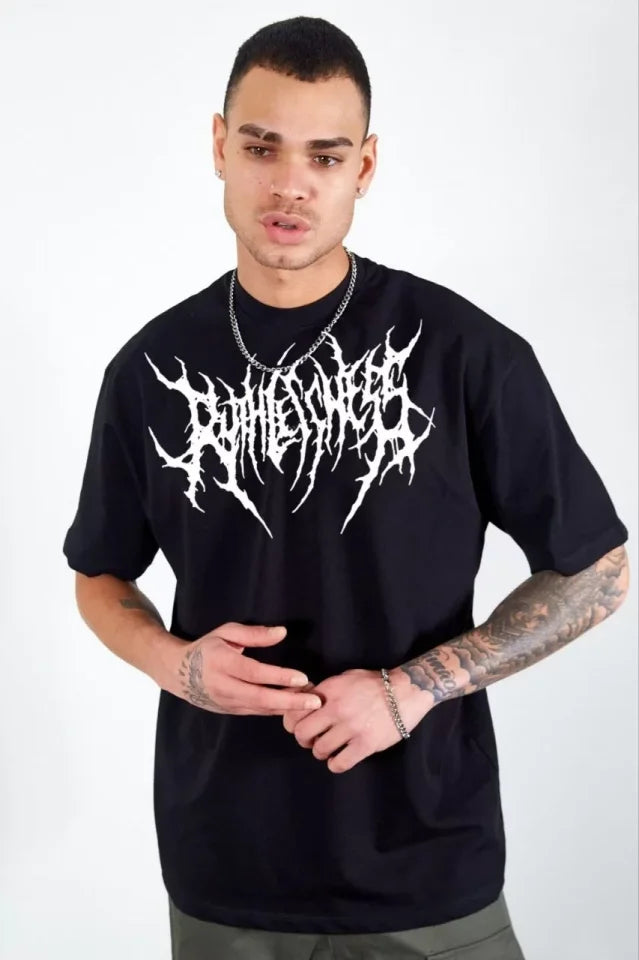 Unisex Crew Neck Printed Oversize T-Shirt - Black