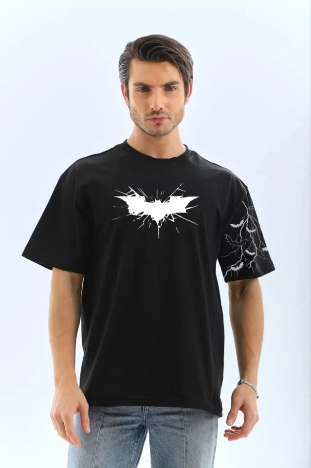 Unisex Front and Sleeve Printed Oversize T-shirt - Black