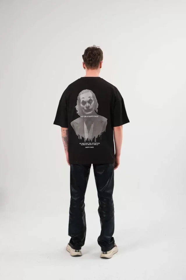 Unisex Crew Neck Printed Oversize T-Shirt - Black