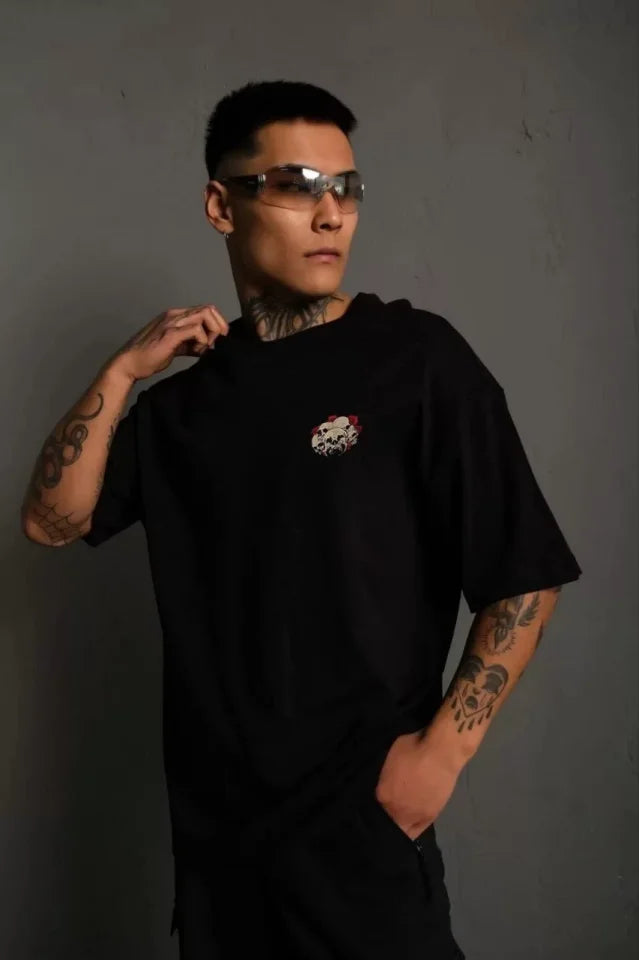 Unisex Crew Neck Printed Oversize T-Shirt - Black