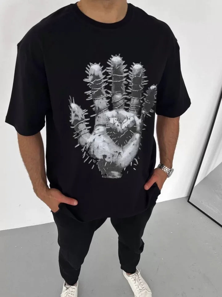 Unisex Crew Neck Printed Oversize T-Shirt - Black