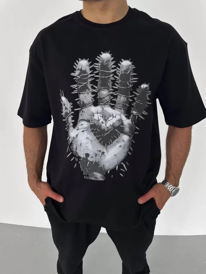 Unisex Crew Neck Printed Oversize T-Shirt - Black