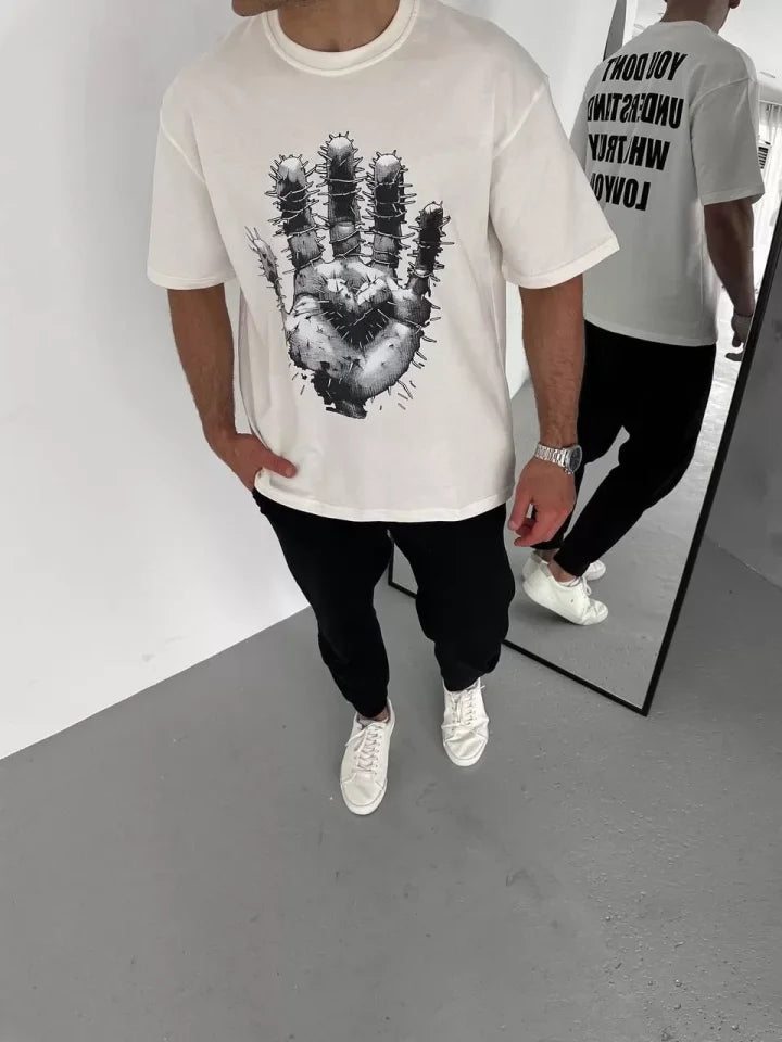 Unisex Crew Neck Printed Oversize T-Shirt - White
