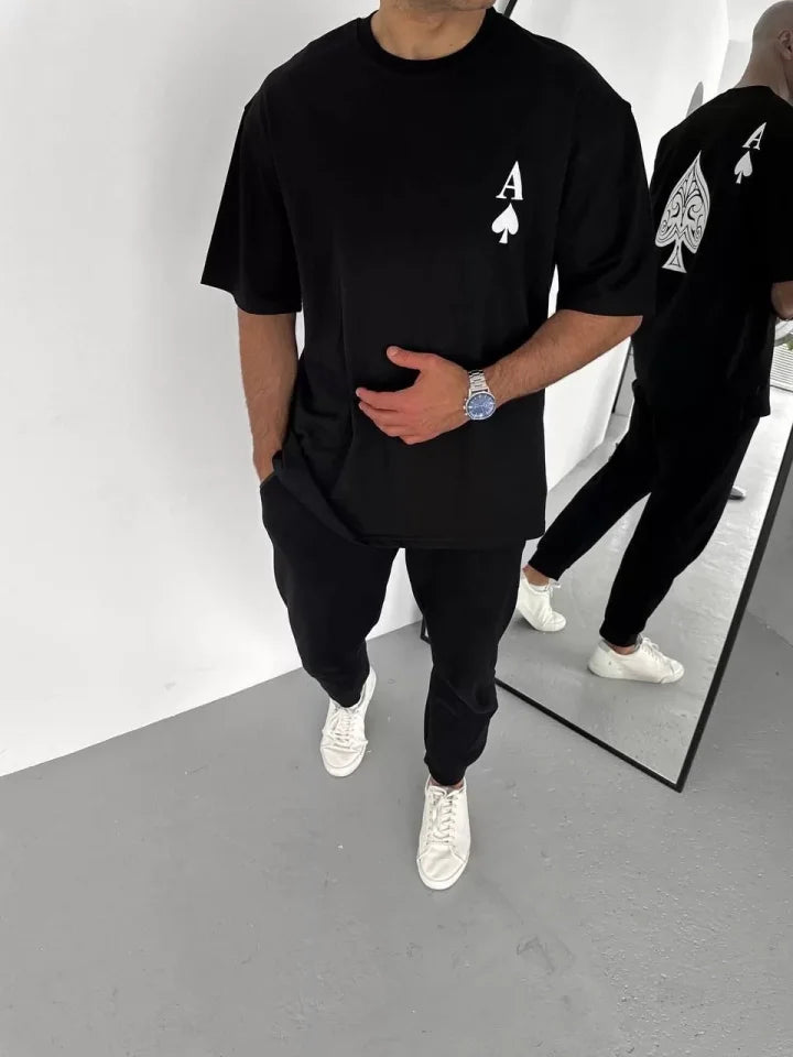 Unisex Crew Neck Printed Oversize T-Shirt - Black