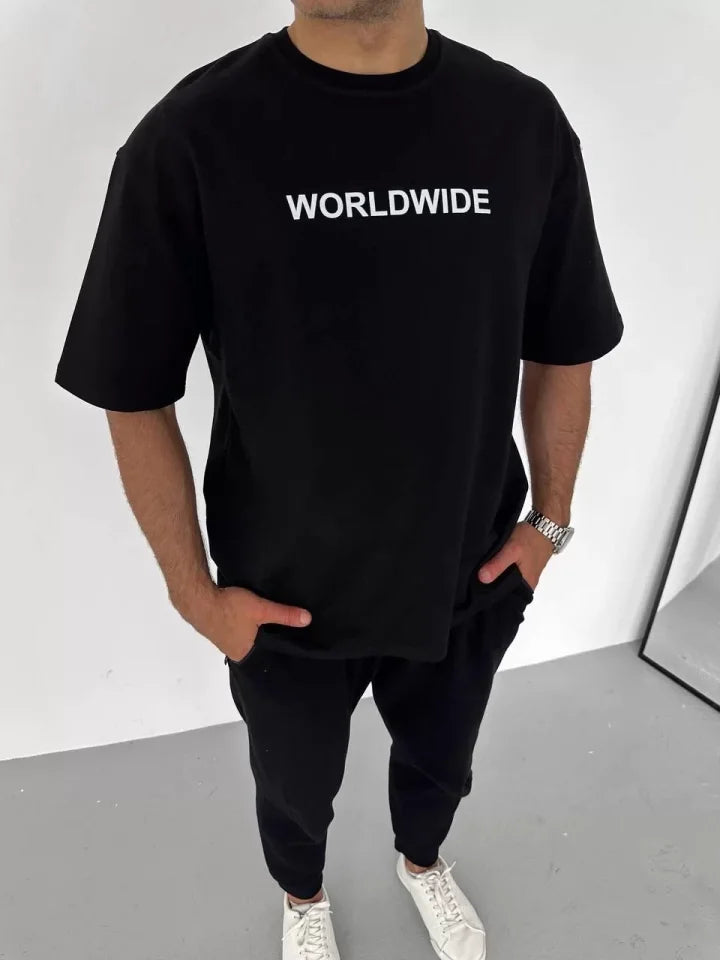 Unisex Crew Neck Printed Oversize T-Shirt - Black