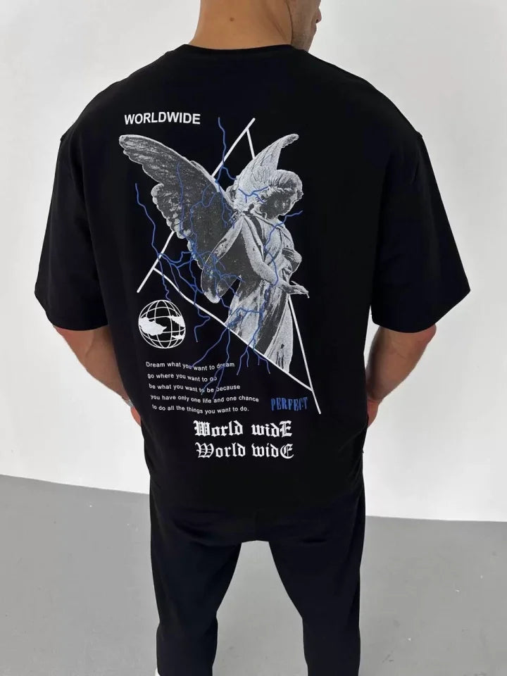 Unisex Crew Neck Printed Oversize T-Shirt - Black