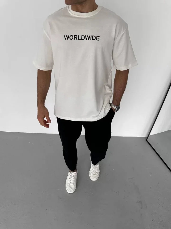 Unisex Crew Neck Printed Oversize T-Shirt - White