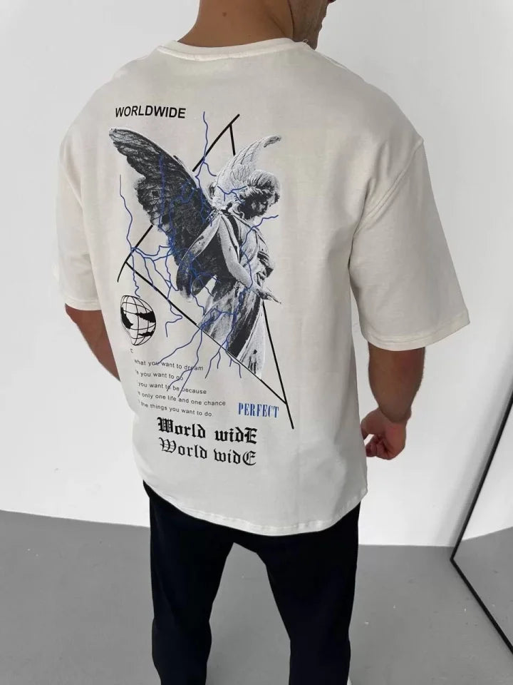 Unisex Crew Neck Printed Oversize T-Shirt - White