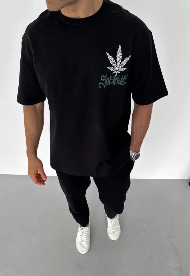 Unisex Crew Neck Printed Oversize T-Shirt - Black