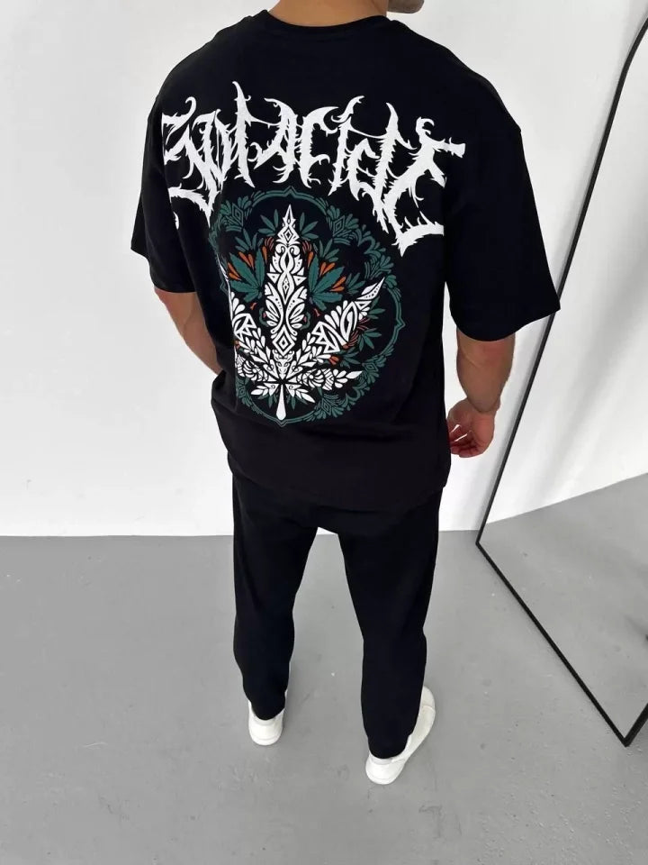 Unisex Crew Neck Printed Oversize T-Shirt - Black
